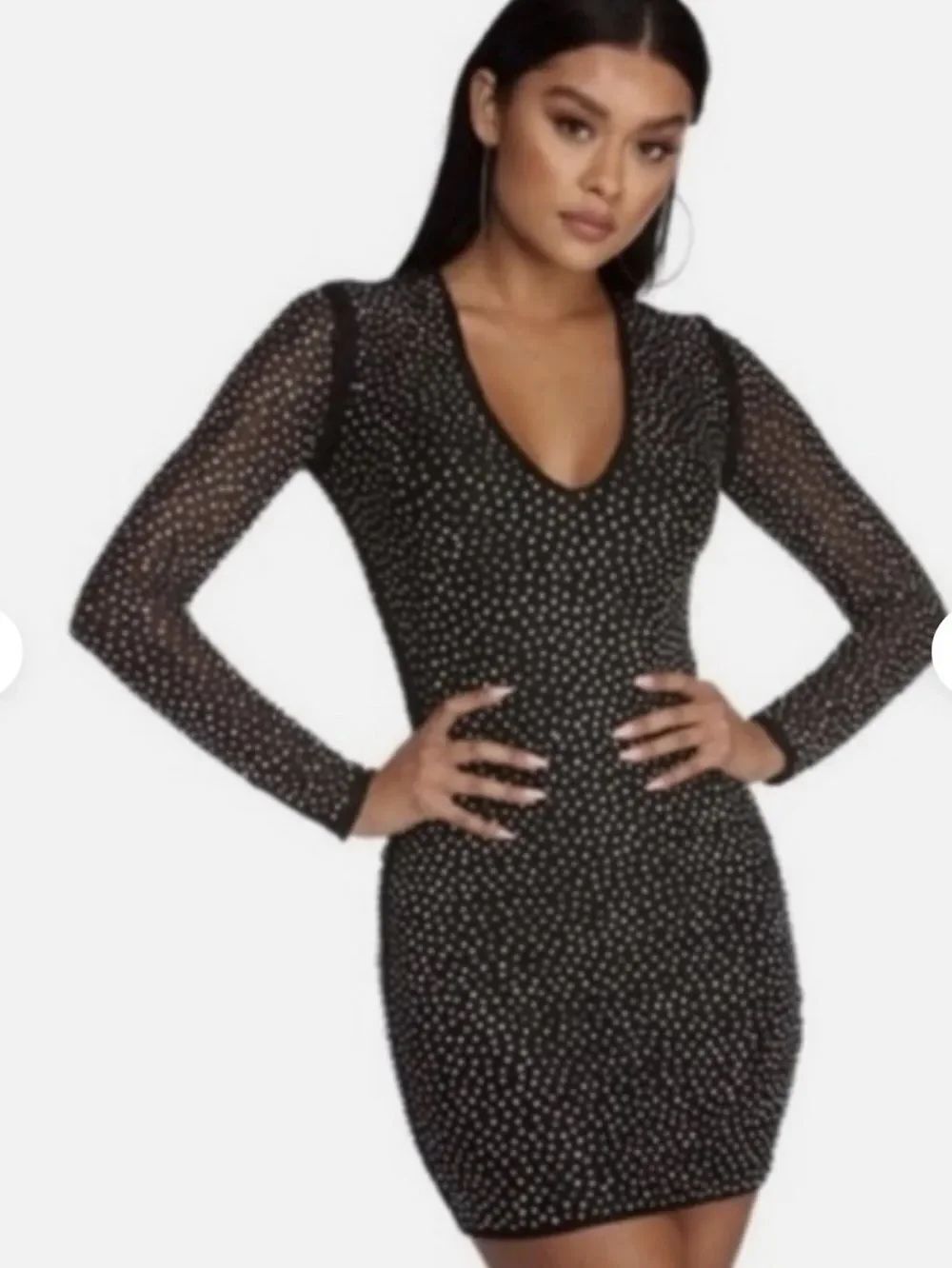CBR Black Rhinestone Mesh Mini Dress Sheer Long Sleeve Party Clubwear